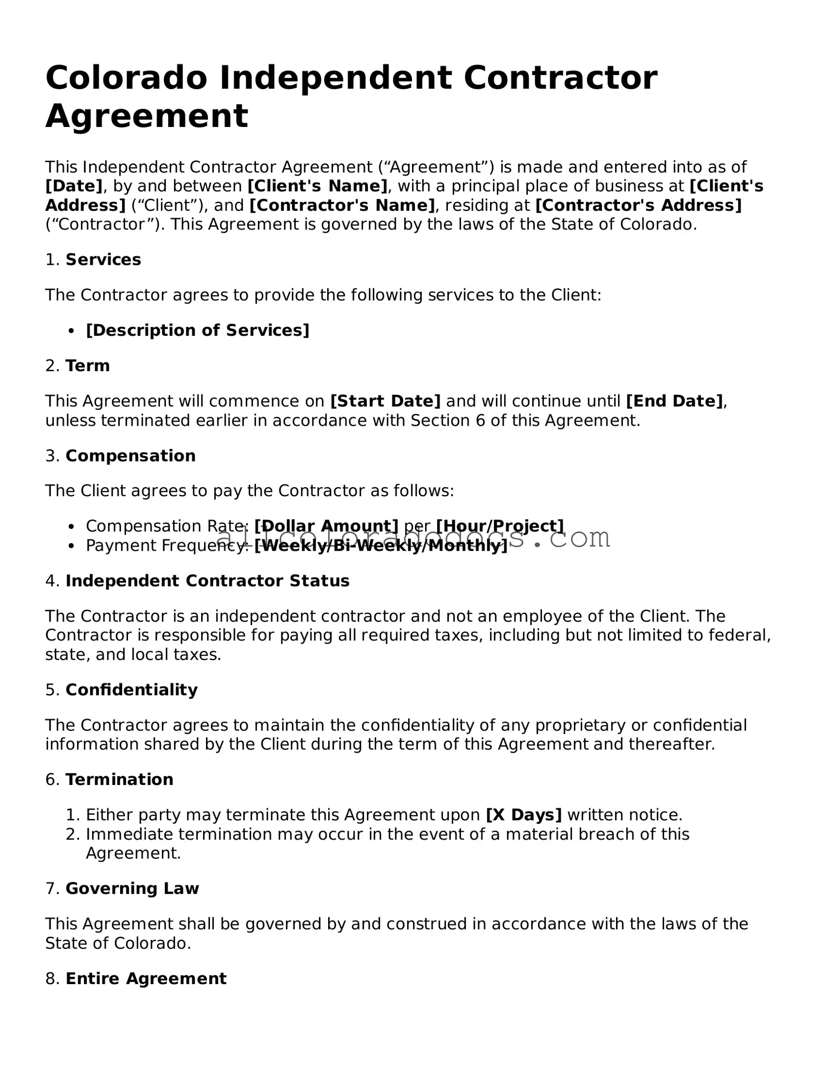 Legal  Independent Contractor Agreement Form for Colorado