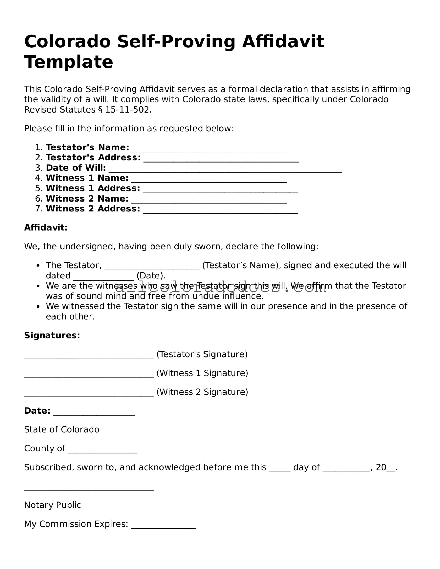 Legal  Self-Proving Affidavit Form for Colorado