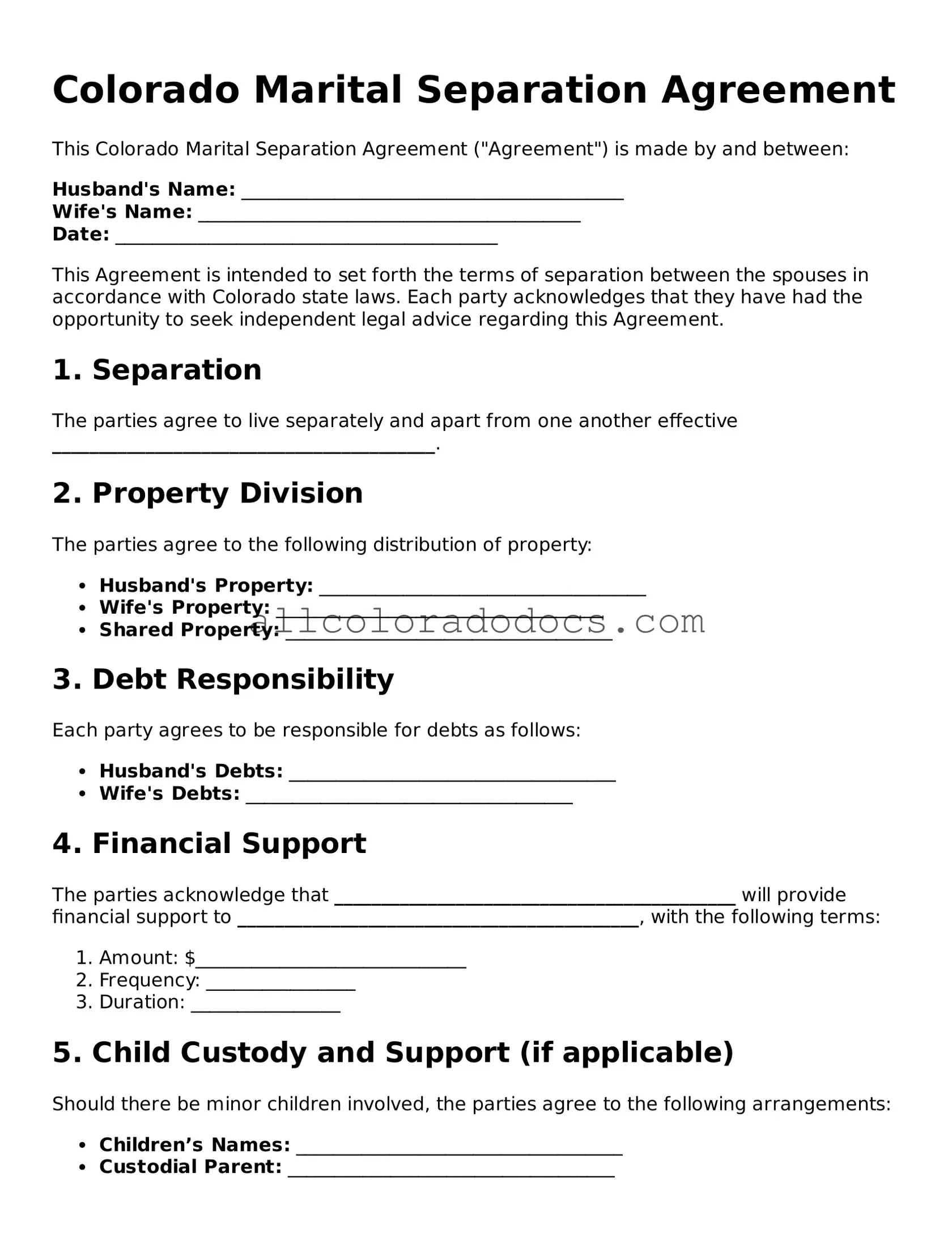 Legal  Marital Separation Agreement Form for Colorado