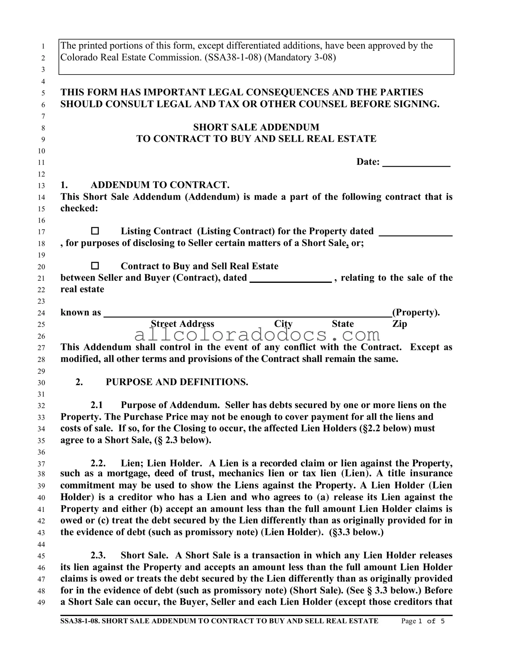 Blank Colorado Short Sale Addendum PDF Form