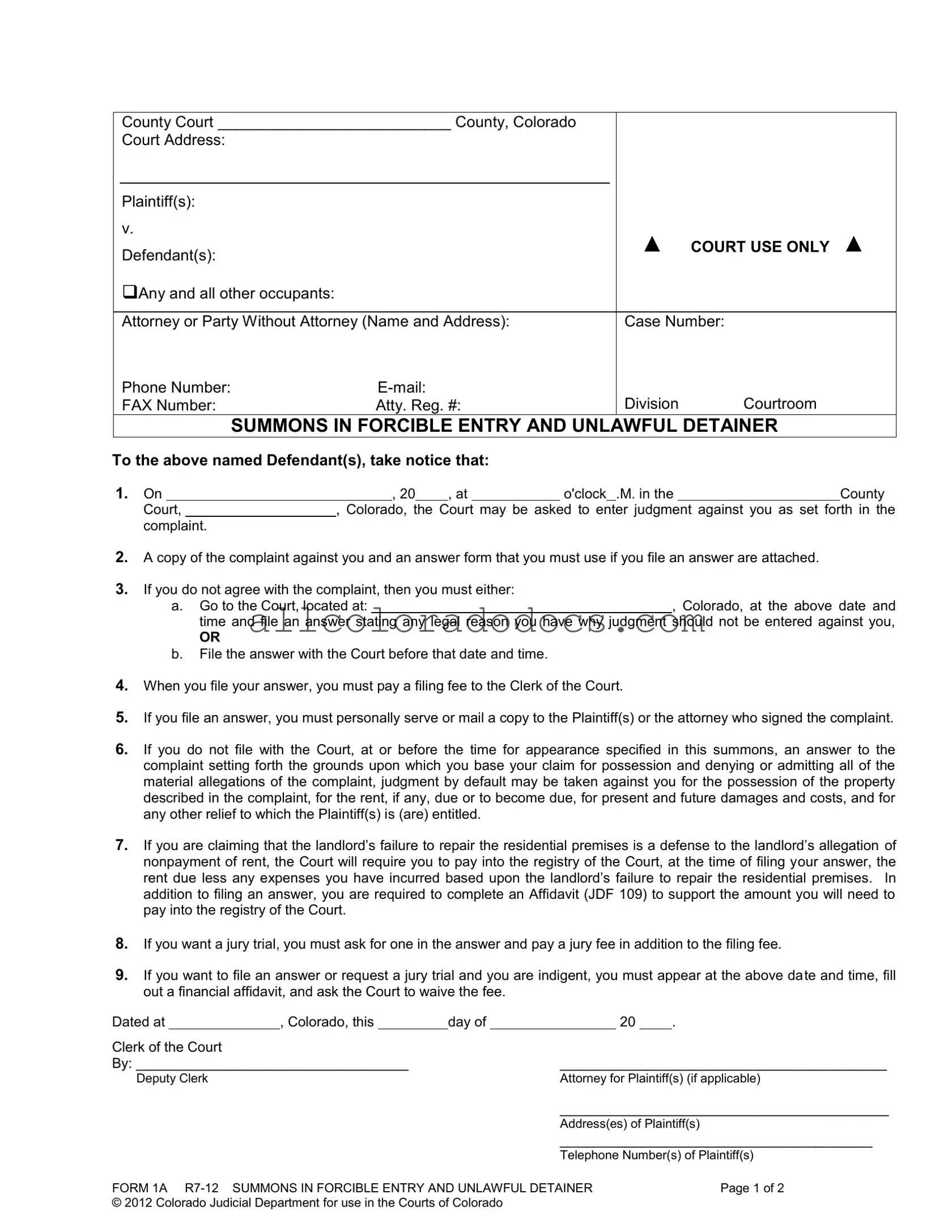 Blank Colorado Summons PDF Form