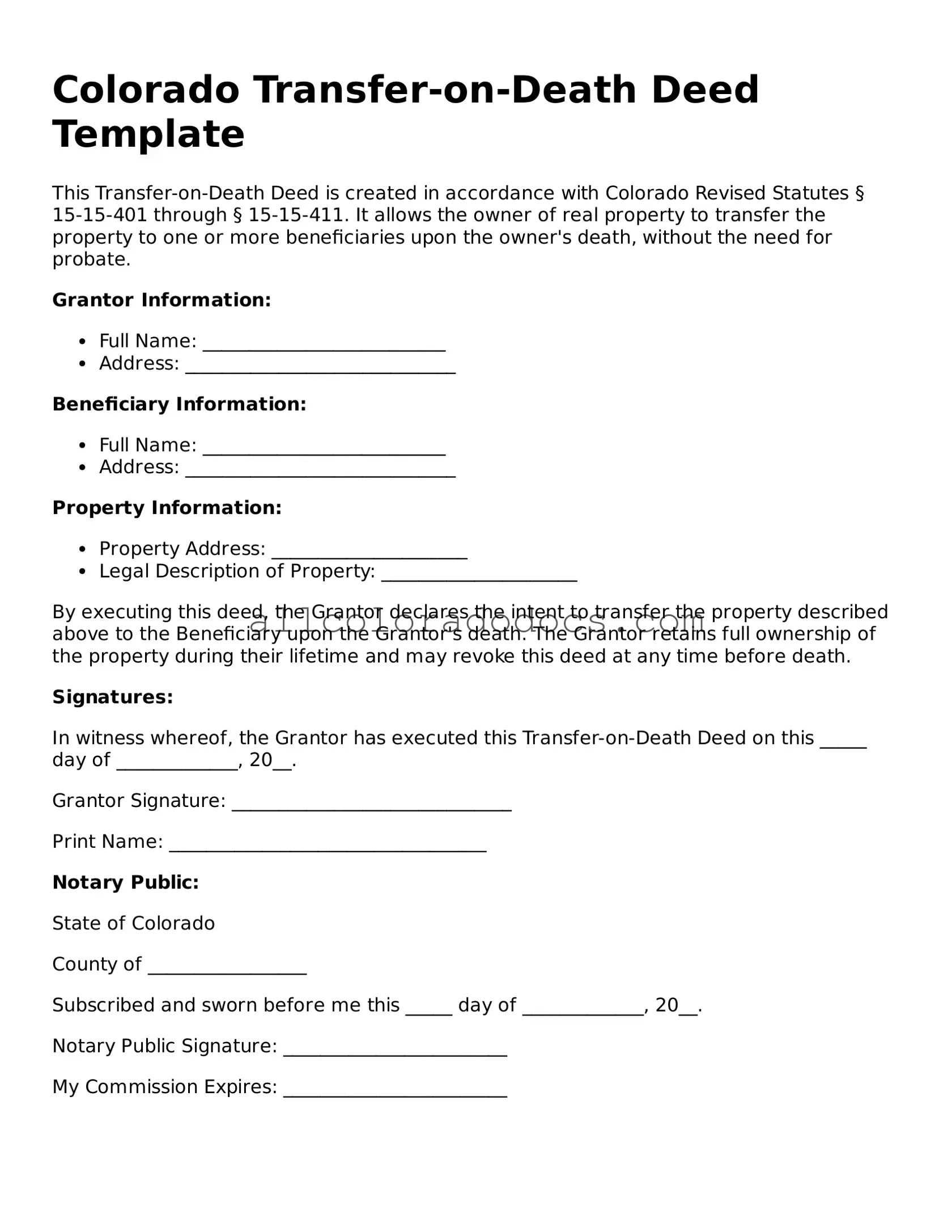 Legal  Transfer-on-Death Deed Form for Colorado