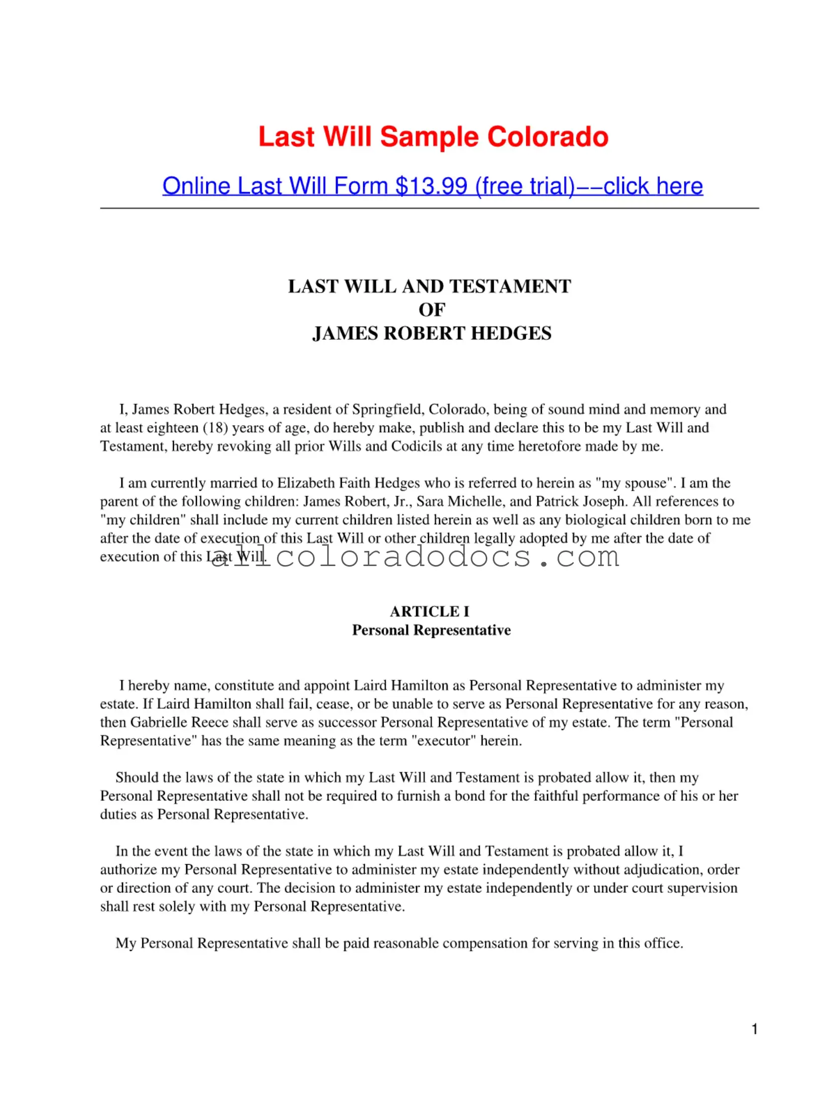 Blank Colorado Will PDF Form