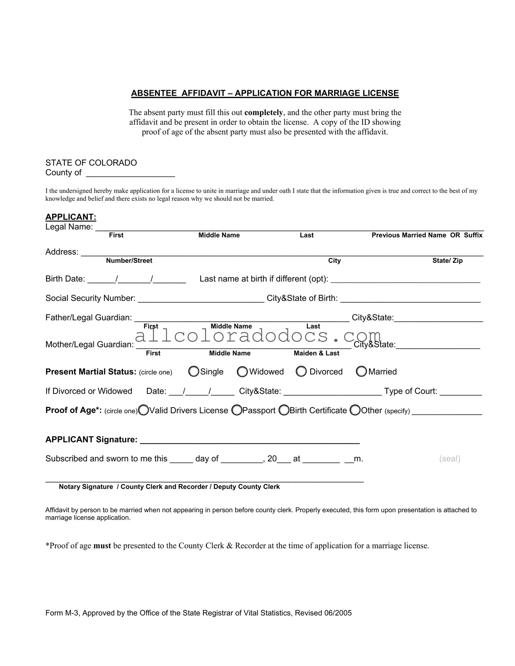 Blank M 3 Colorado PDF Form