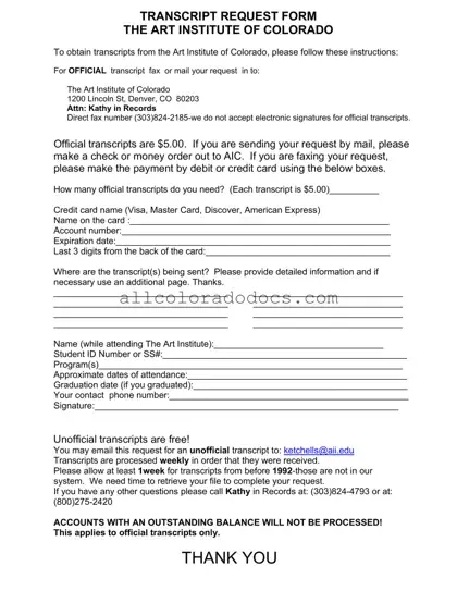 Blank Art Institute Colorado Transcript Request PDF Form