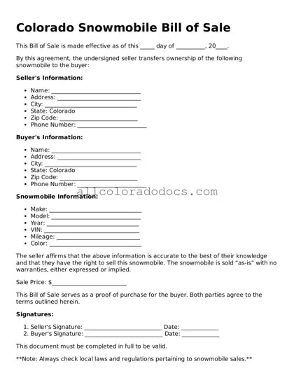 Legal  Snowmobile Bill of Sale Form for Colorado