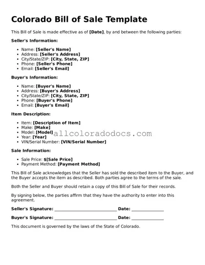Legal  Bill of Sale Form for Colorado