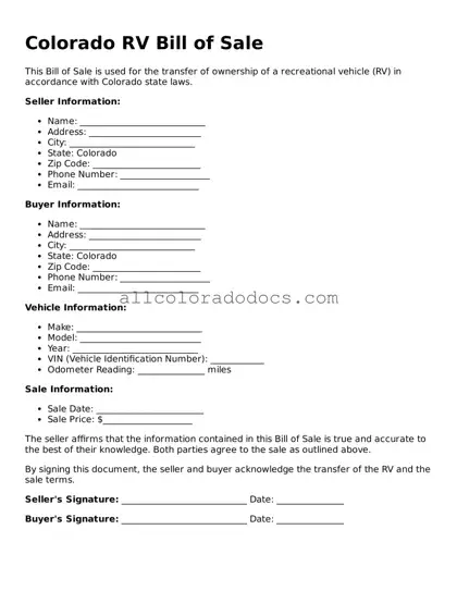 Legal  RV Bill of Sale Form for Colorado