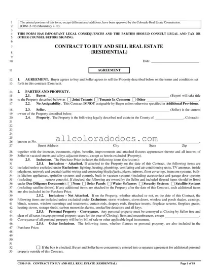 Blank Colorado Contract Real Residential PDF Form