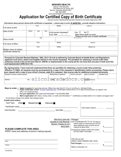 Blank Colorado Denver Application Birth Certificate PDF Form