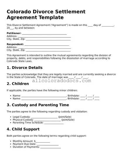 Legal  Divorce Settlement Agreement Form for Colorado