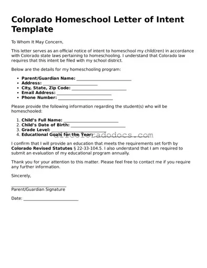 Legal  Homeschool Letter of Intent Form for Colorado