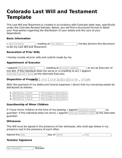 Legal  Last Will and Testament Form for Colorado