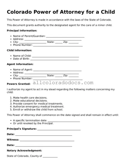 Legal  Power of Attorney for a Child Form for Colorado