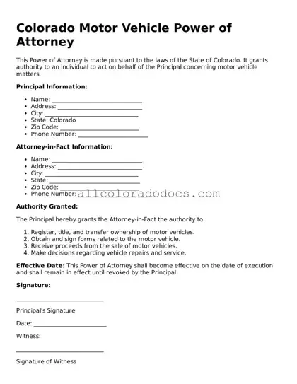 Legal  Motor Vehicle Power of Attorney Form for Colorado
