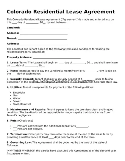 Legal  Residential Lease Agreement Form for Colorado