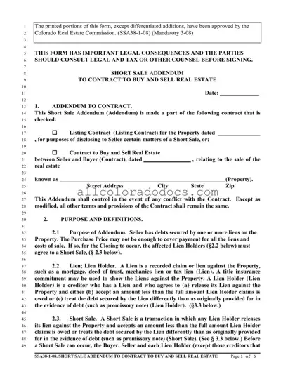 Blank Colorado Short Sale Addendum PDF Form